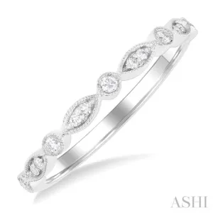 1/10 ctw Marquise and Circular Motif Carved Round Cut Diamond Stackable Wedding Band in 14K White Gold 1/10 ctw Marquise and Circular Motif Carved Round Cut Diamond Stackable Wedding Band in 14K White Gold