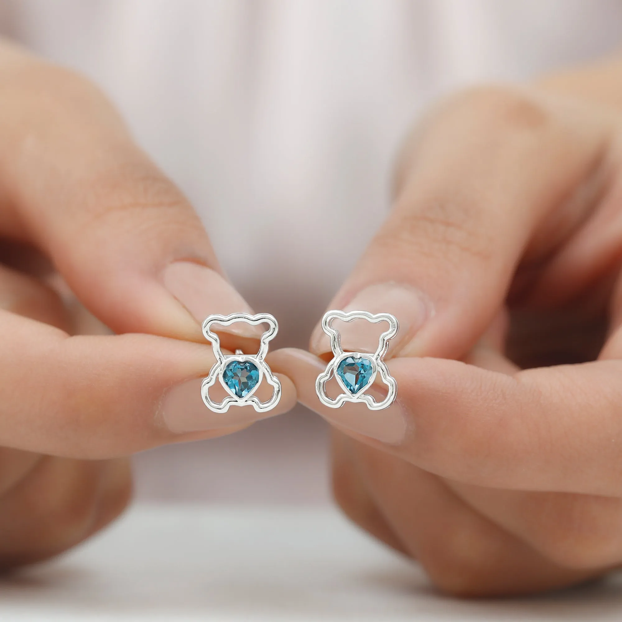 1/2 CT Heart Shape London Blue Topaz Teddy Bear Stud Earrings