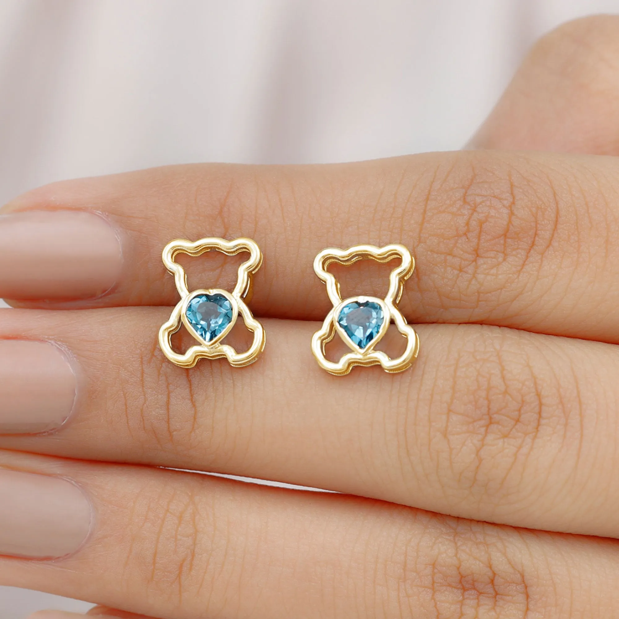1/2 CT Heart Shape London Blue Topaz Teddy Bear Stud Earrings