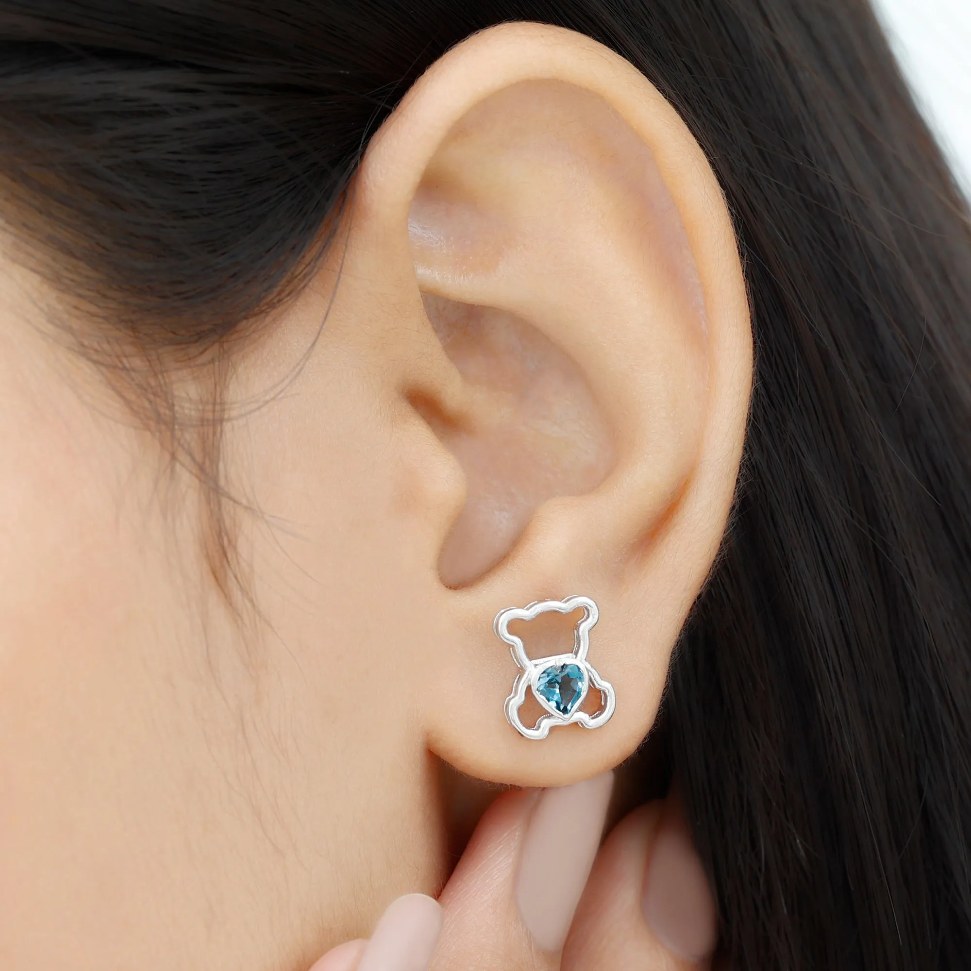 1/2 CT Heart Shape London Blue Topaz Teddy Bear Stud Earrings