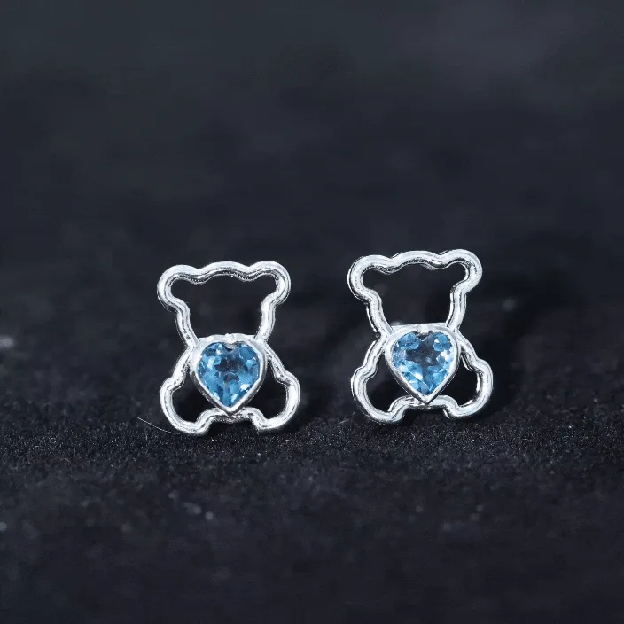 1/2 CT Heart Shape London Blue Topaz Teddy Bear Stud Earrings