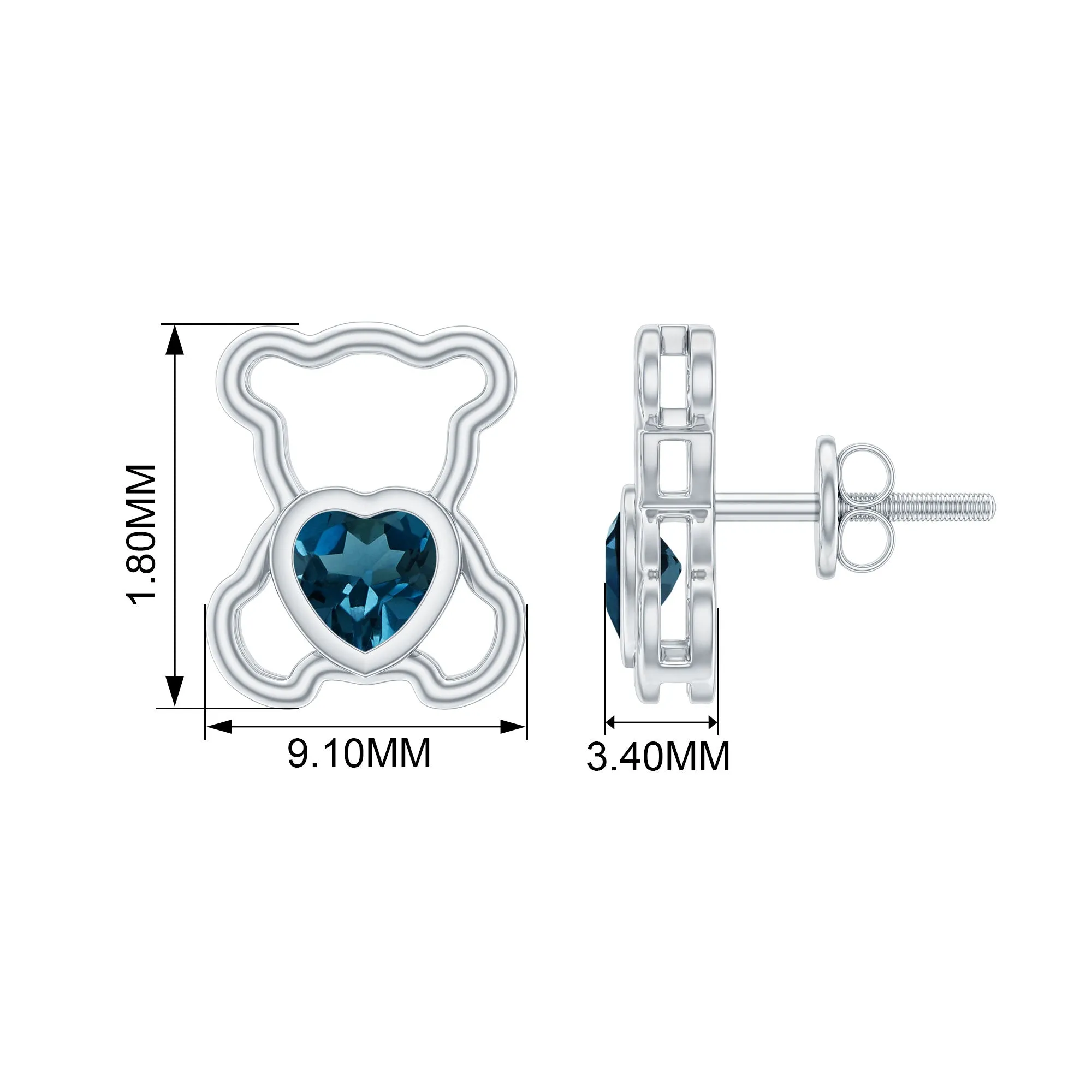 1/2 CT Heart Shape London Blue Topaz Teddy Bear Stud Earrings