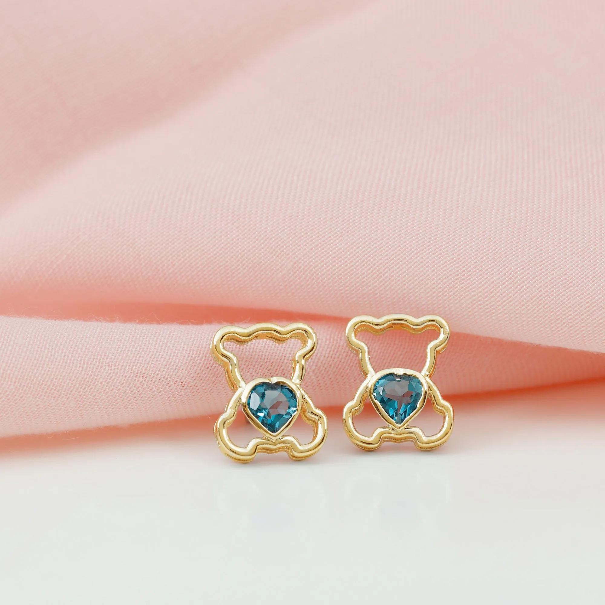 1/2 CT Heart Shape London Blue Topaz Teddy Bear Stud Earrings