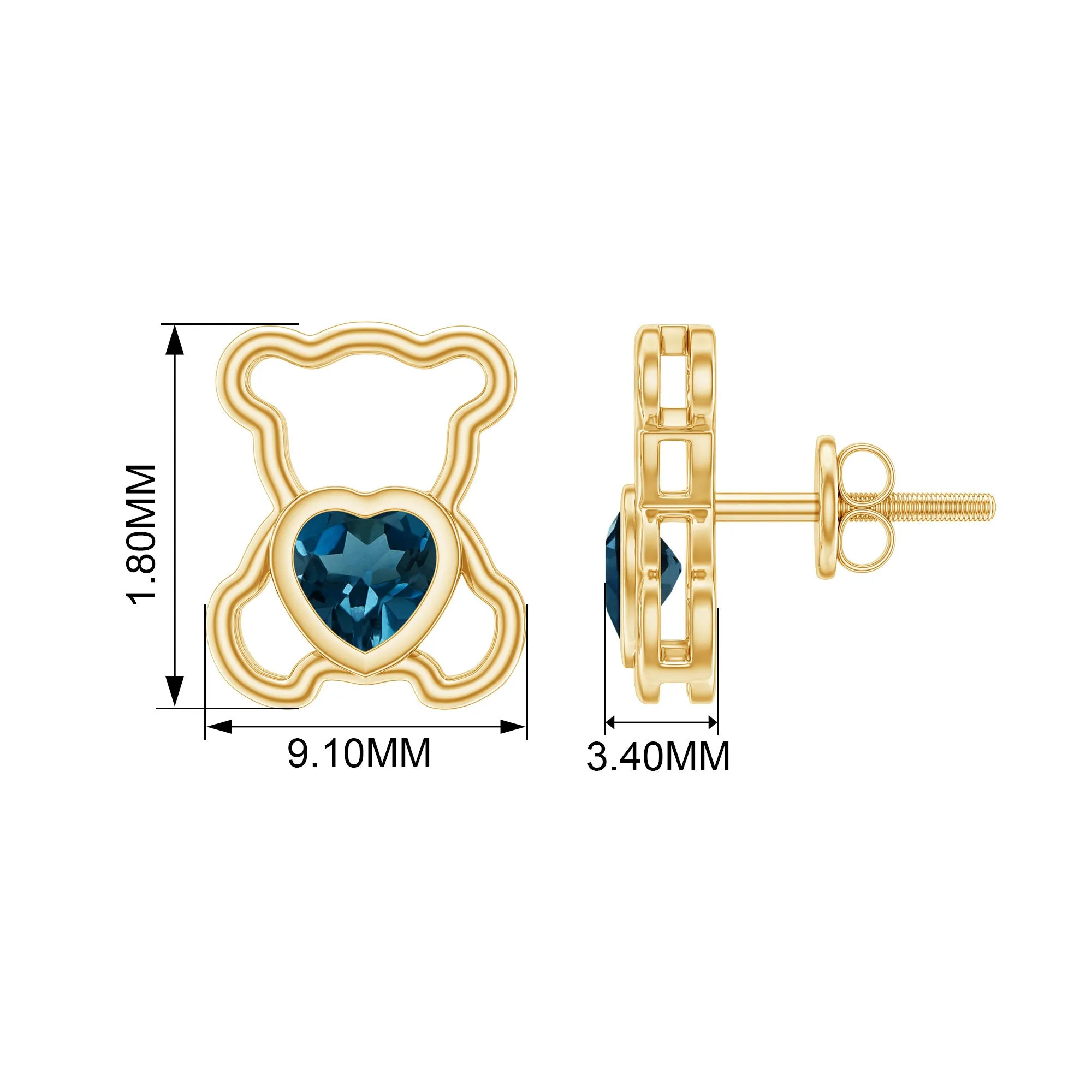 1/2 CT Heart Shape London Blue Topaz Teddy Bear Stud Earrings