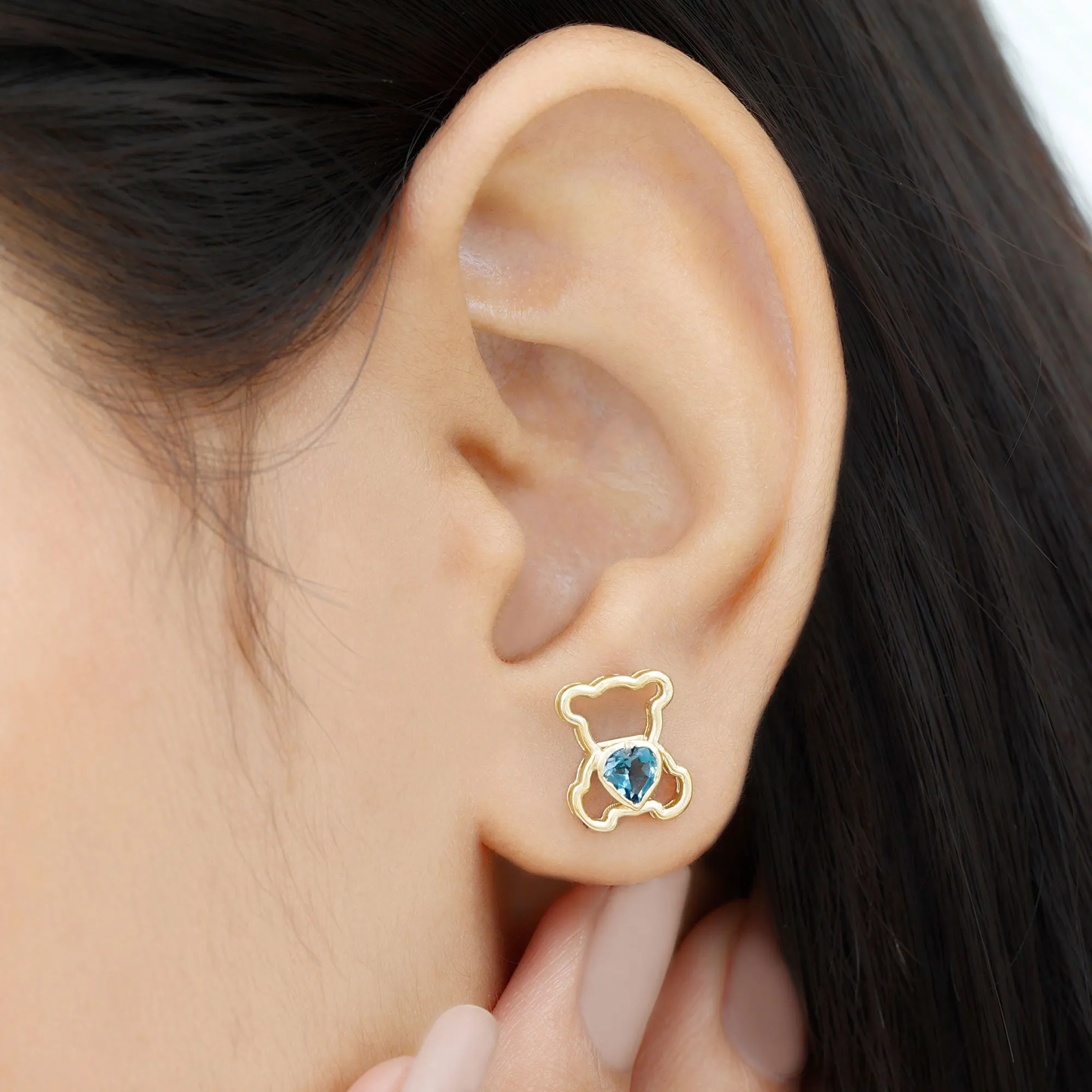 1/2 CT Heart Shape London Blue Topaz Teddy Bear Stud Earrings