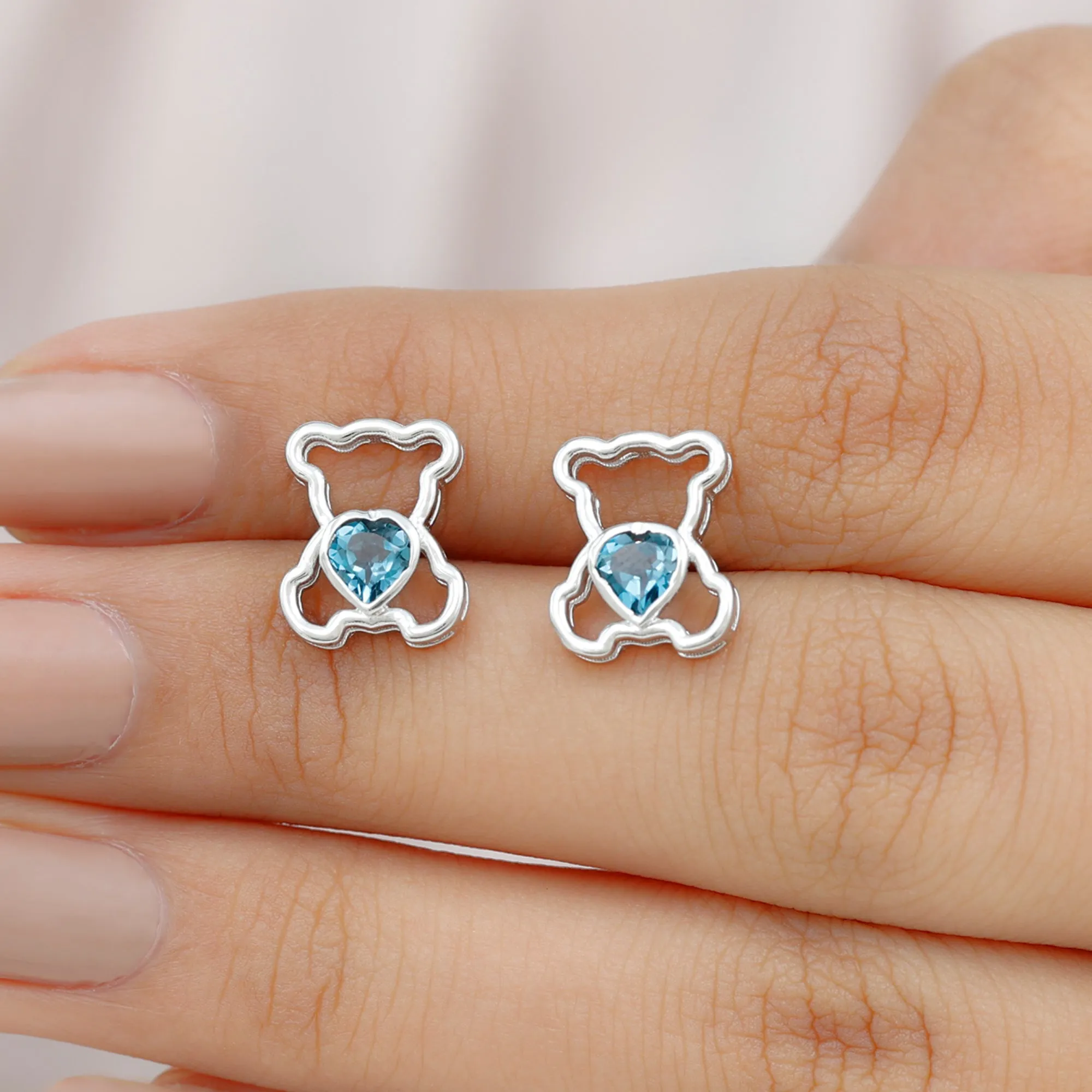 1/2 CT Heart Shape London Blue Topaz Teddy Bear Stud Earrings