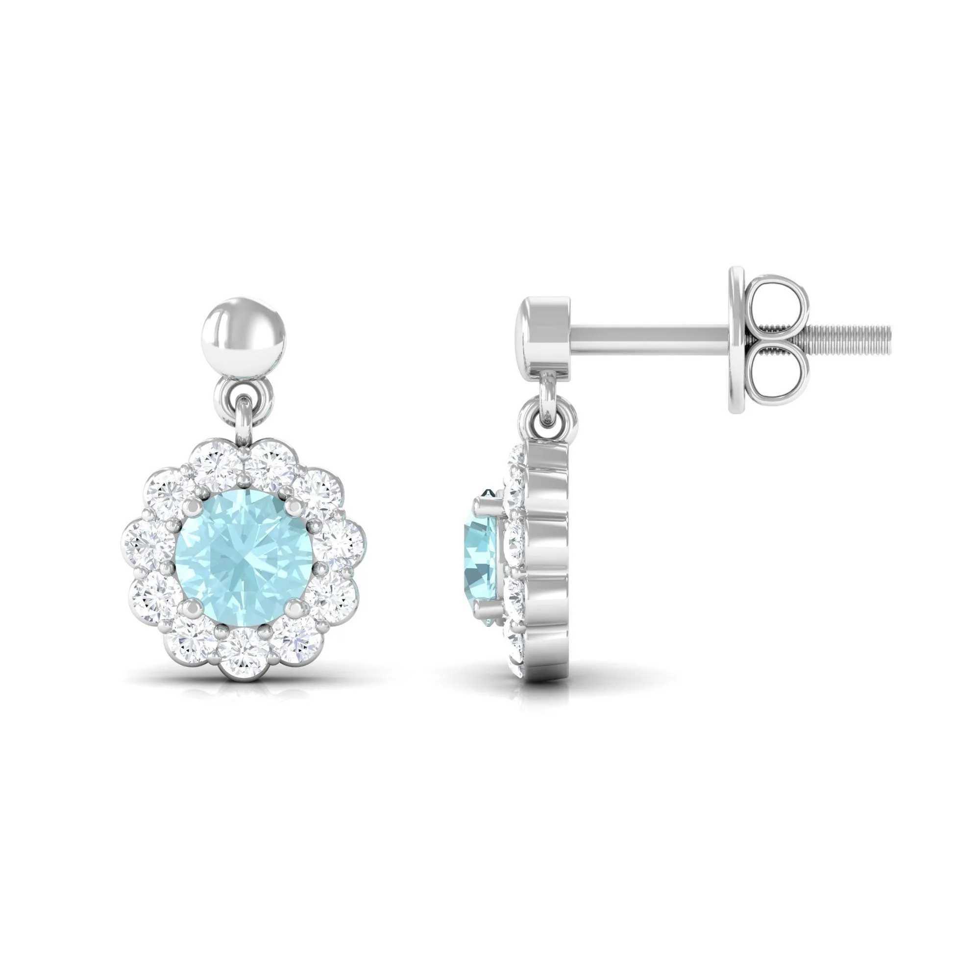 1.25 CT Sky Blue Topaz and Diamond Floral Halo Drop Earrings