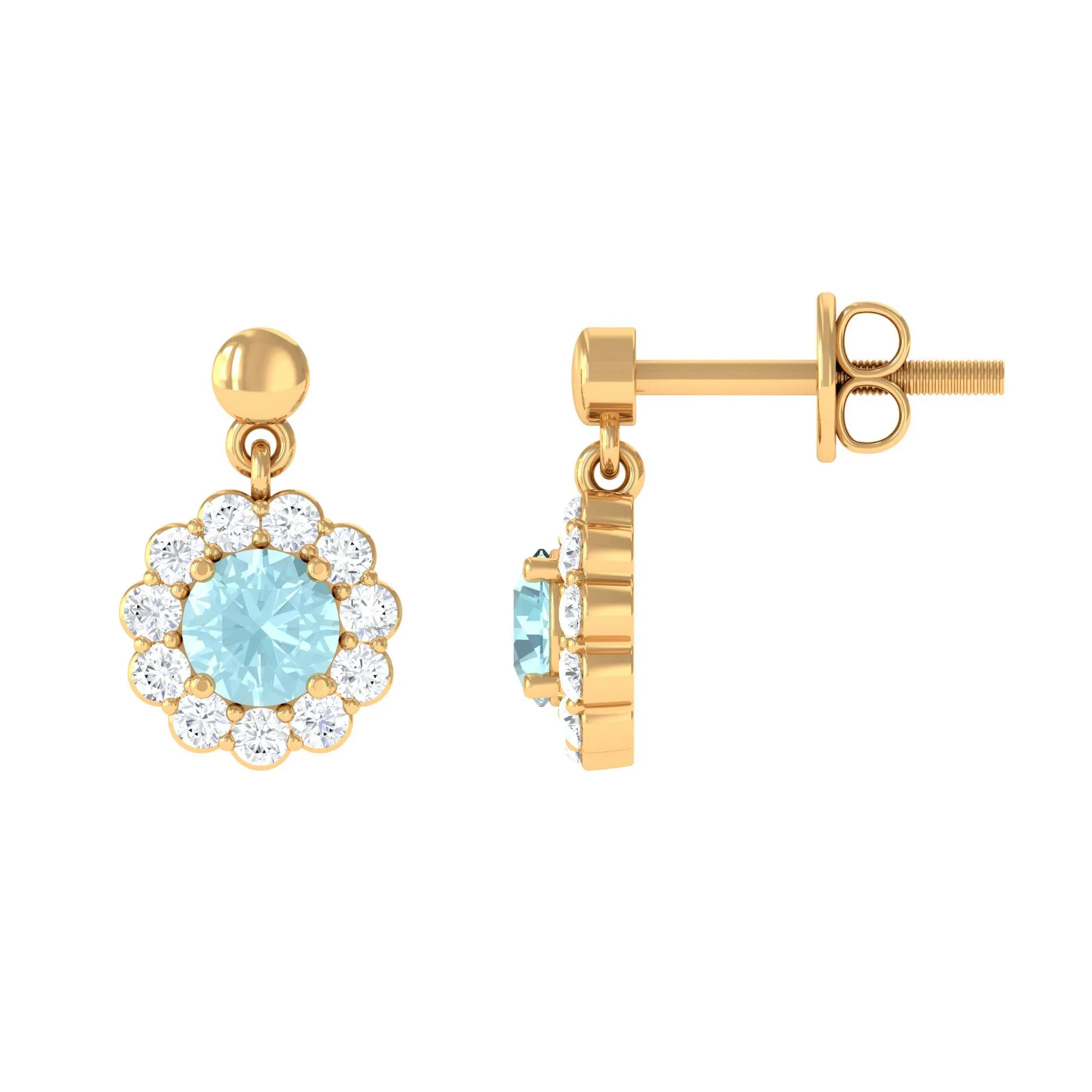 1.25 CT Sky Blue Topaz and Diamond Floral Halo Drop Earrings