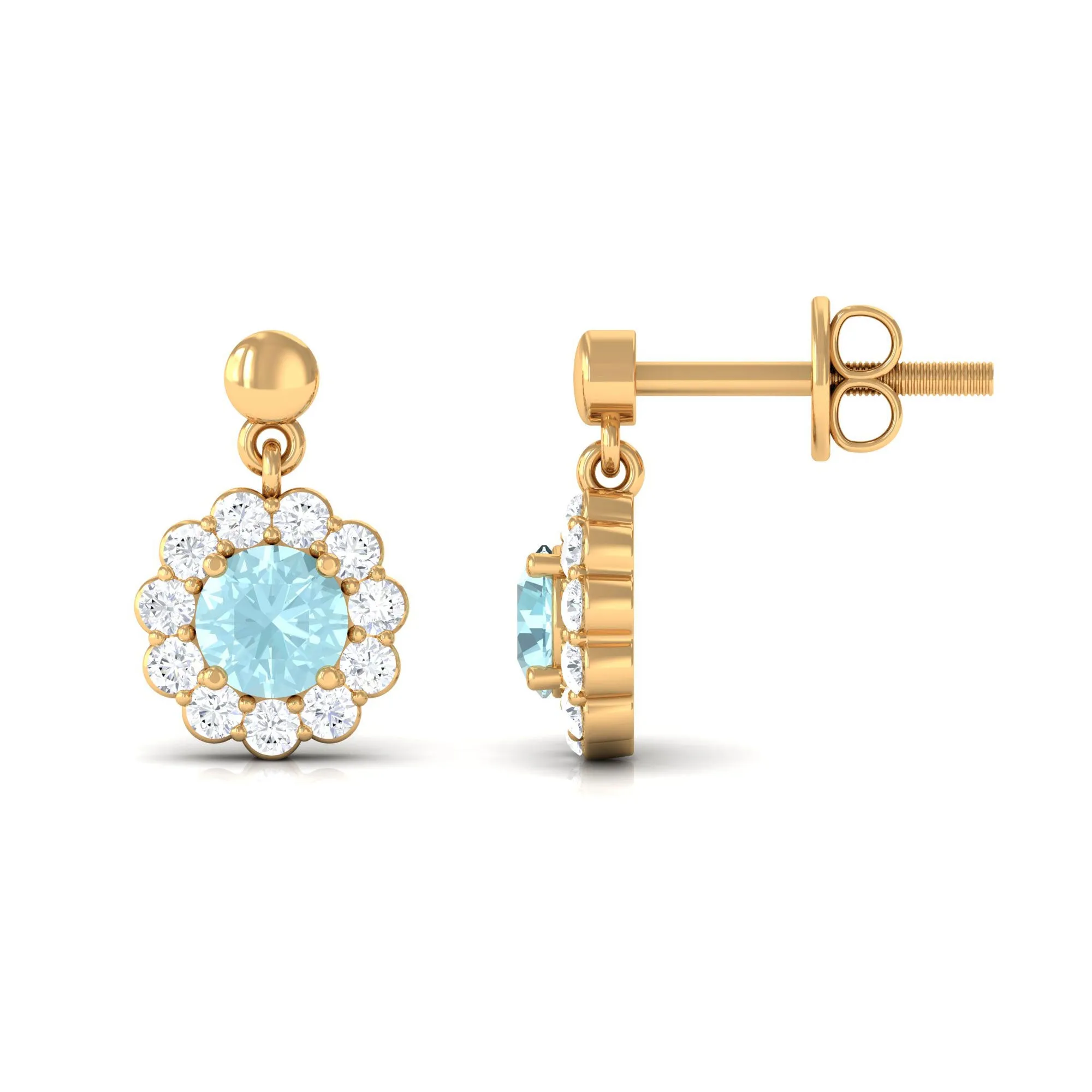 1.25 CT Sky Blue Topaz and Diamond Floral Halo Drop Earrings