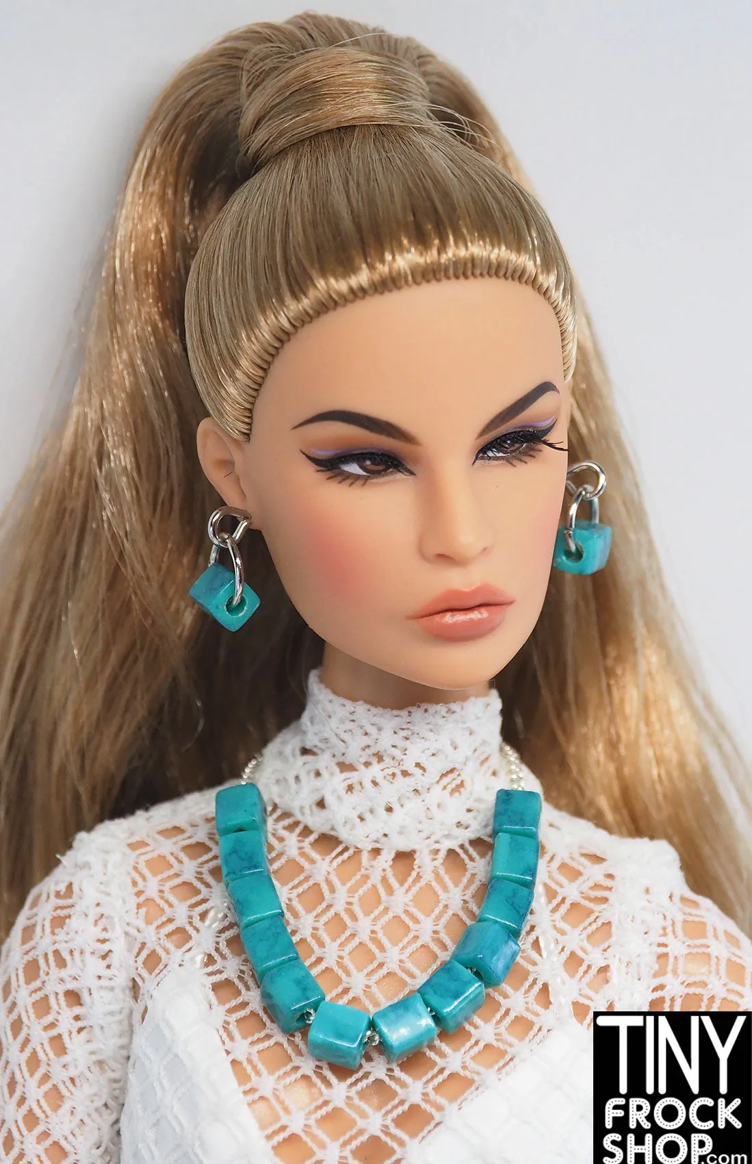 12" Fashion Doll Block Bead Turquoise Necklace and Earring Set by Pam Maness