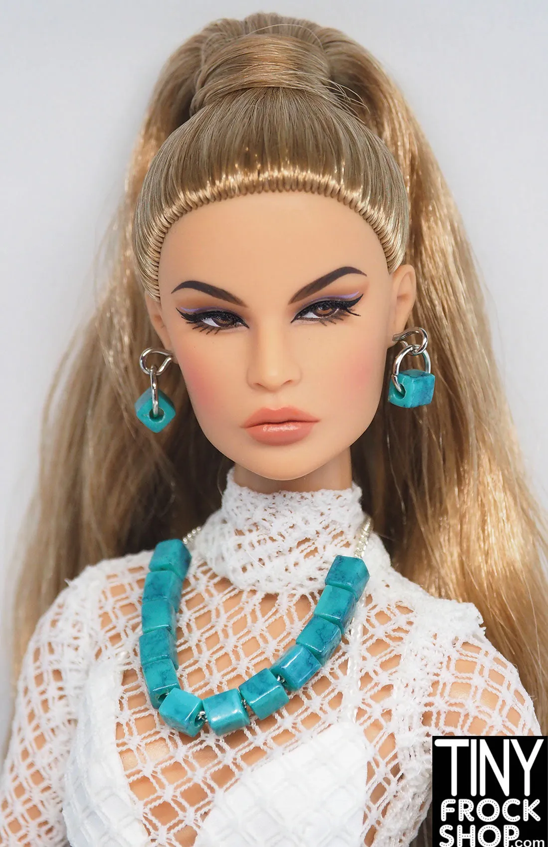 12" Fashion Doll Block Bead Turquoise Necklace and Earring Set by Pam Maness