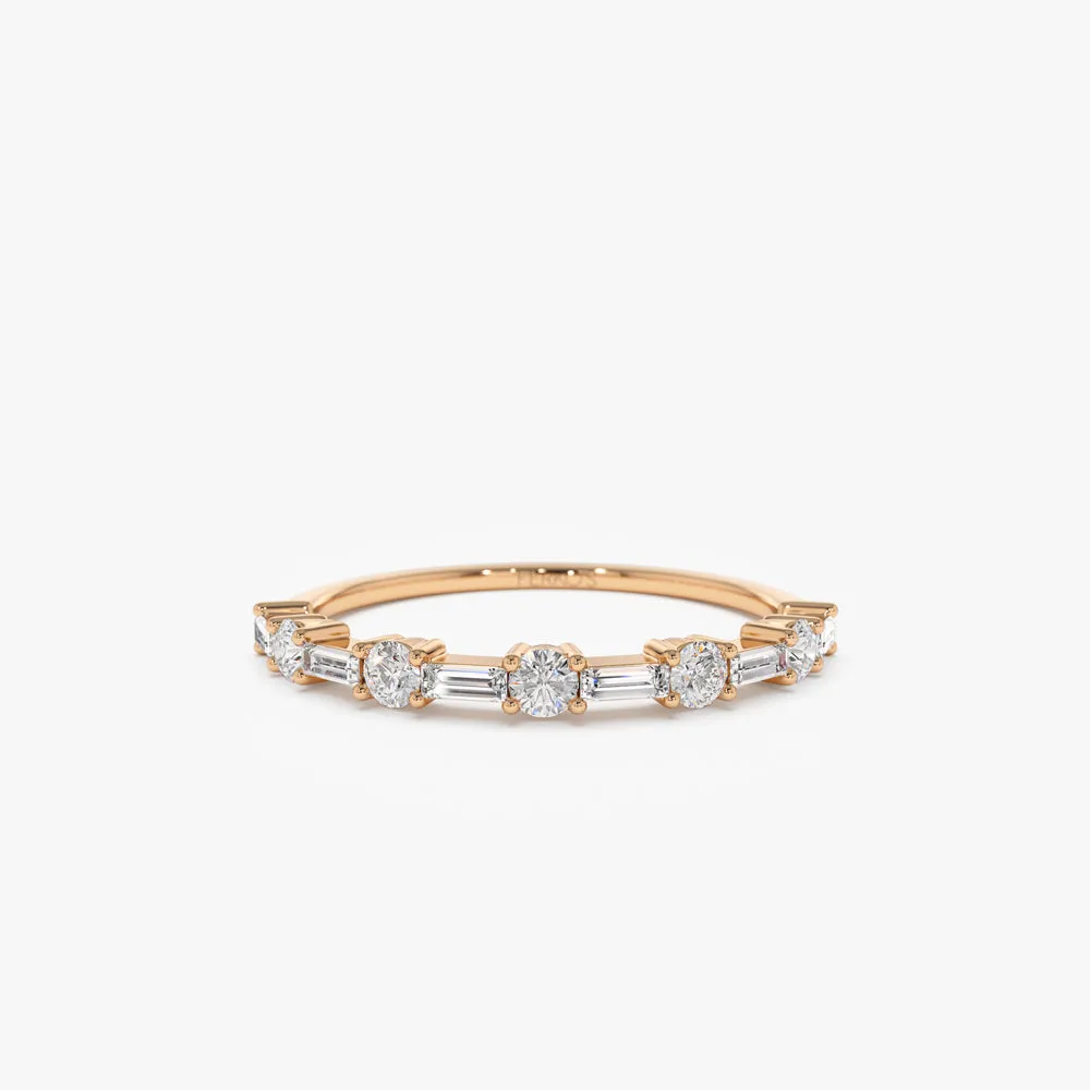 14k Baguette and Round Diamond Alternating Ring