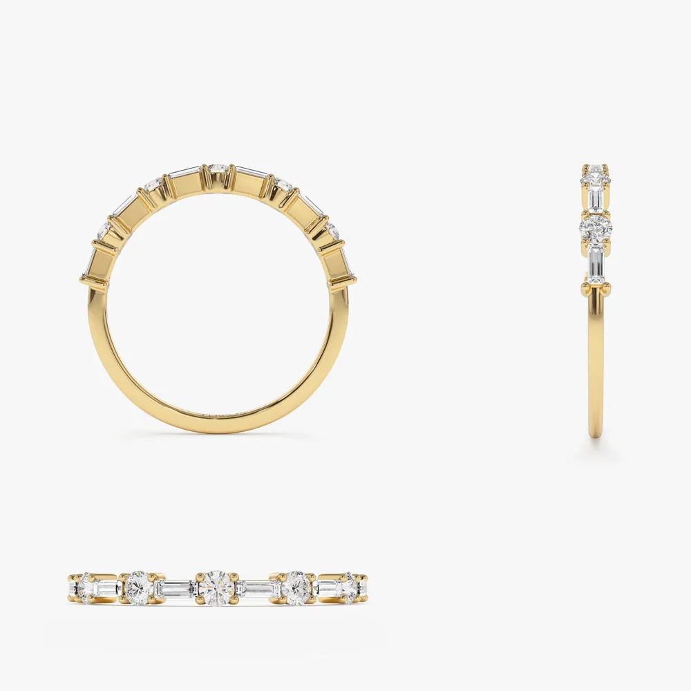 14k Baguette and Round Diamond Alternating Ring
