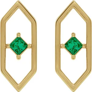 14K Gold 3mm Diamond or Emerald Geometric Earrings