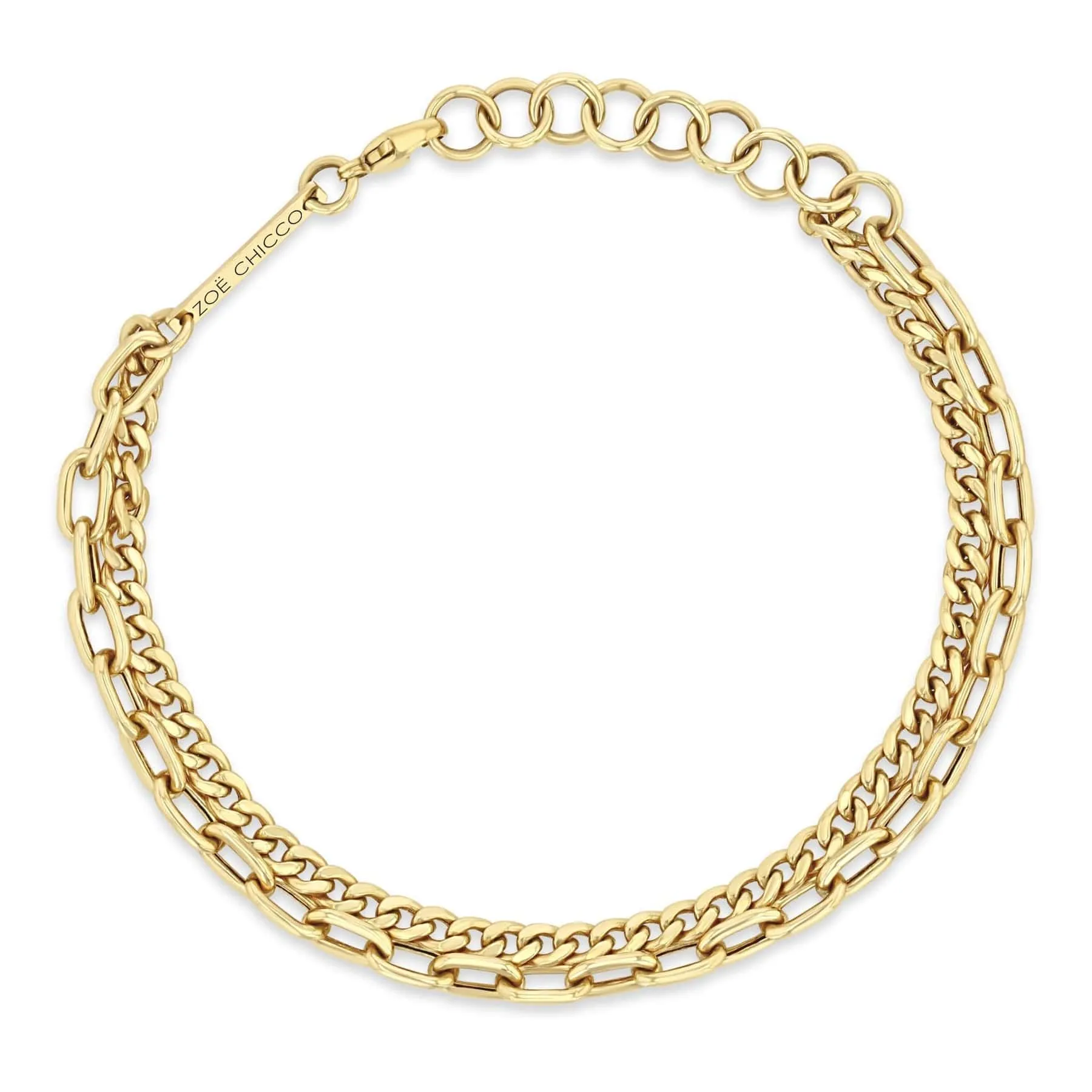 14k Gold Double Chain Small Curb & Medium Square Oval Chain Bracelet