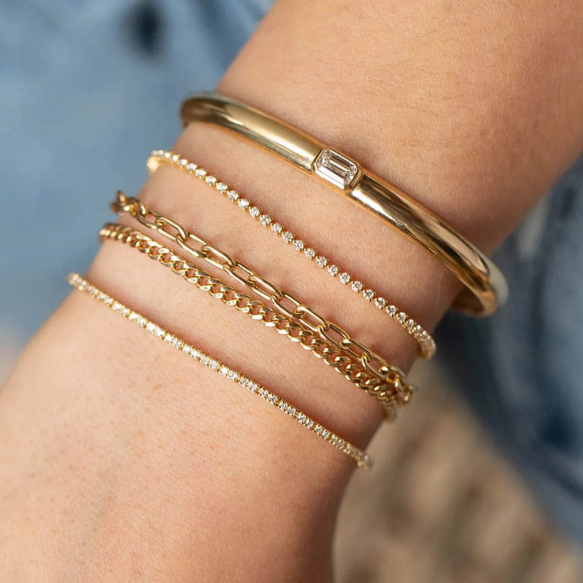 14k Gold Double Chain Small Curb & Medium Square Oval Chain Bracelet