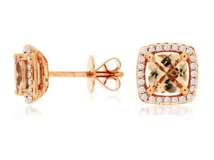 14K Rose Gold Cushion Cut Morganite and Diamond Studs