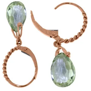 14K Solid Rose Gold Leverback Earrings w/ Briolette Green Amethyst