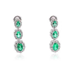 14K WHITE GOLD OVAL EMERALD DIAMOND TRIPLE DROP EARRINGS