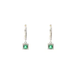 14K YELLOW GOLD DIAMOND FRAMED PRINCESS-CUT EMERALD HOOP EARRINGS