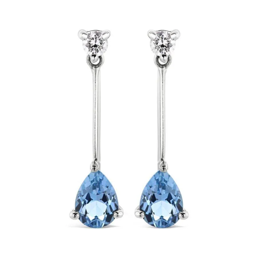 18ct White Gold Pear Cut Aquamarine & Diamond Long Drop Earrings