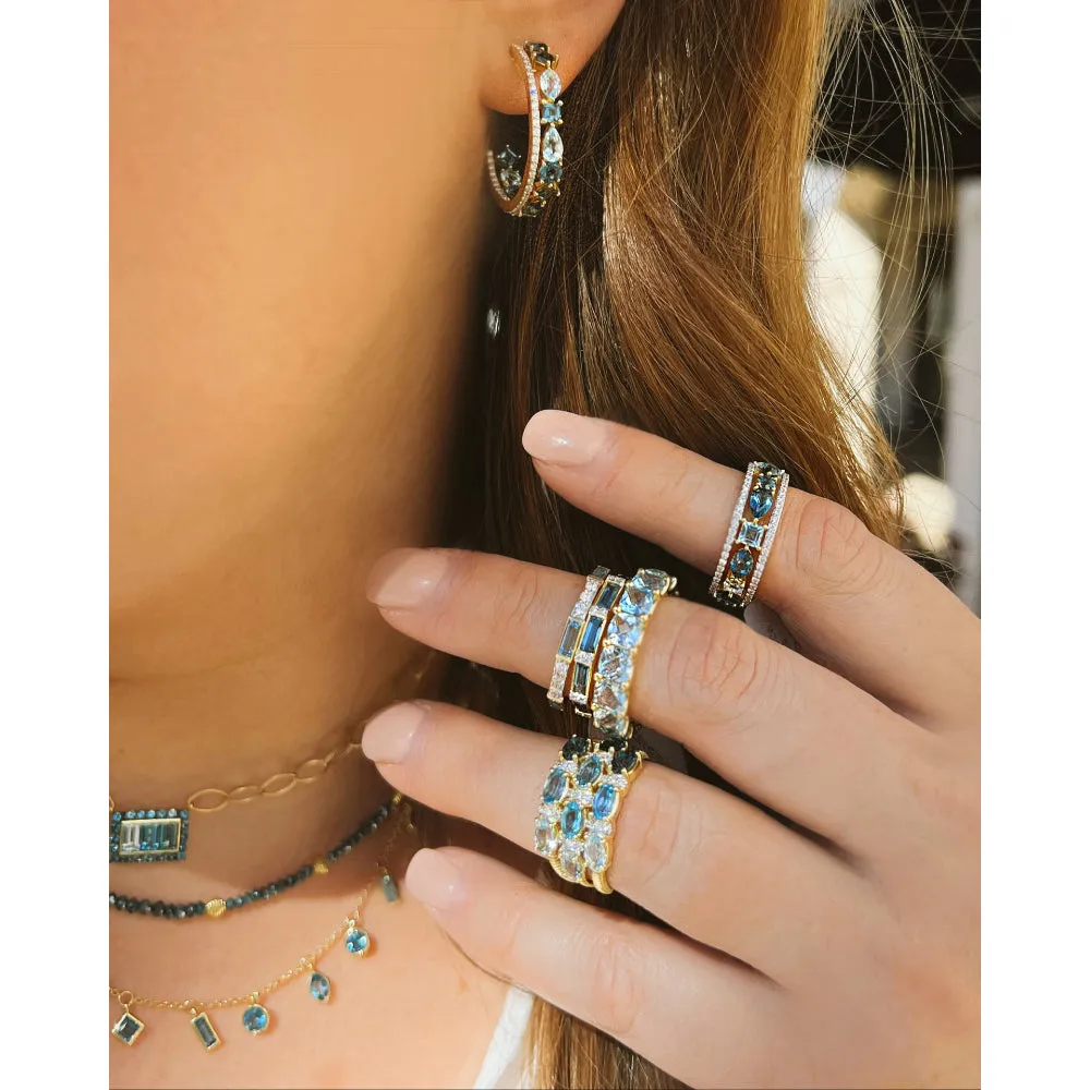 18K Gold Inside Out Double Row Hoop Earrings with Diamonds and Topaz