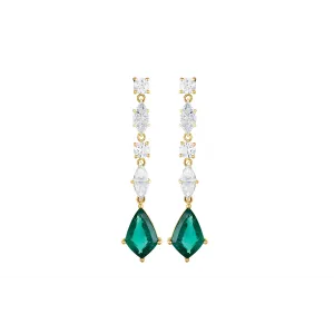 18K Yellow Gold Illusion Set Diamond and Emerald Dangle Earrings