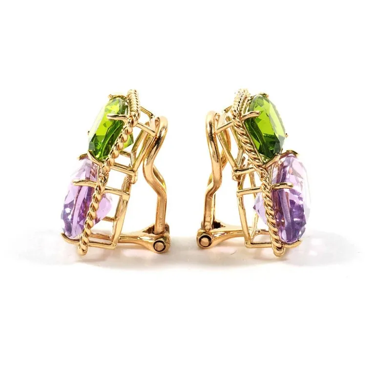 18kt Yellow Gold Medium Cushion Cut Earring with Rope Twist Border with Blue Topaz and Pink Topaz