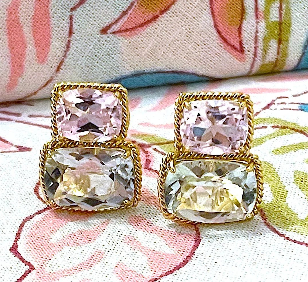 18kt Yellow Gold Medium Cushion Cut Earring with Rope Twist Border with Blue Topaz and Pink Topaz