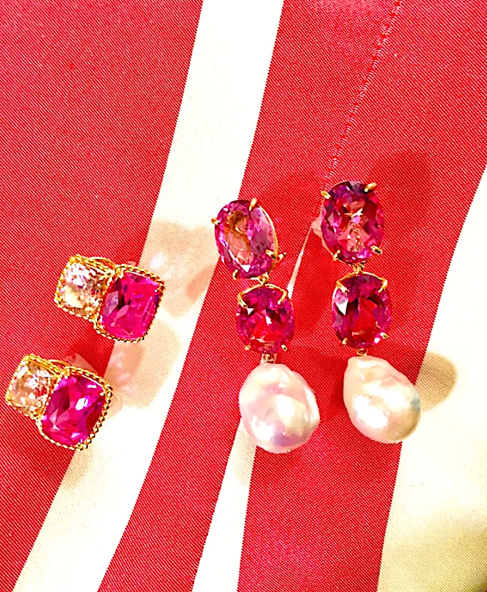 18kt Yellow Gold Medium Cushion Cut Earring with Rope Twist Border with Blue Topaz and Pink Topaz
