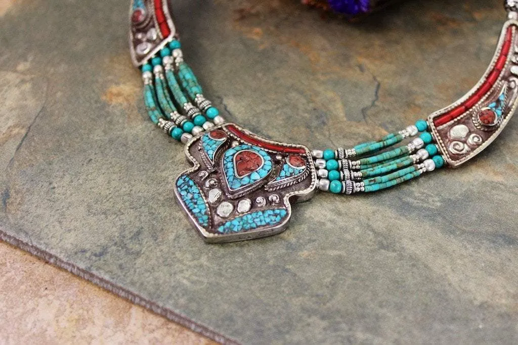 4 Strand Of Turquoise Traditional Tibetan Necklace