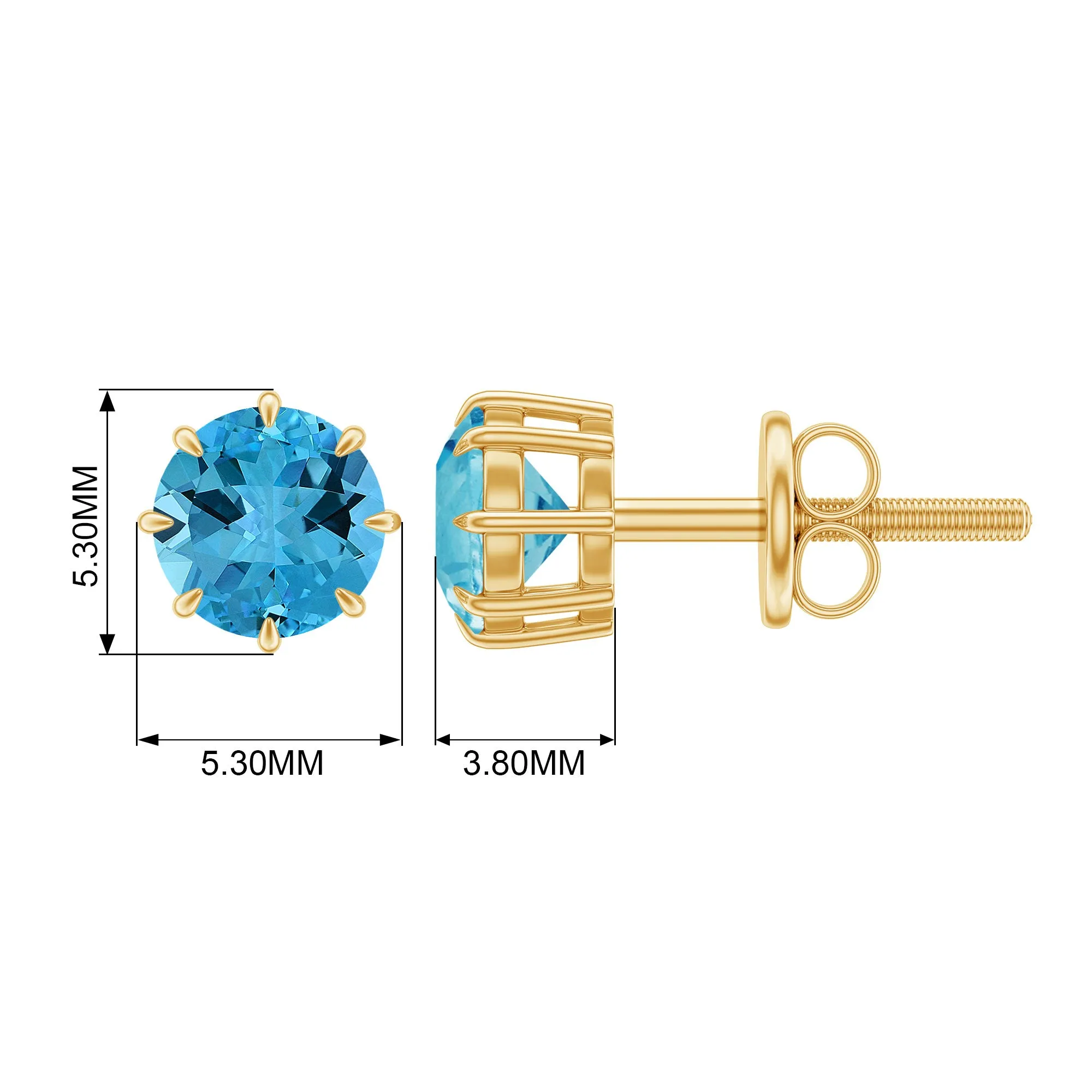 4.5 MM Natural Swiss Blue Topaz Solitaire Stud Earrings in 8 Claw Prong Setting