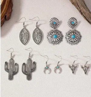 5 Pairs Antique Silver Cactus Cow Head Turquoise Stone Decor Western Concho Earrings Set for Women