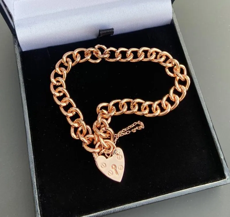 7mm Rose Gold Filled Heart Padlock Bracelet Safety Chain 8 Inch