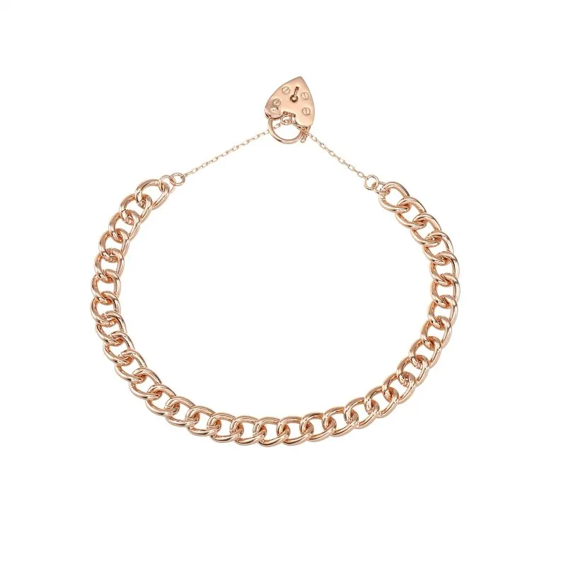 7mm Rose Gold Filled Heart Padlock Bracelet Safety Chain 8 Inch