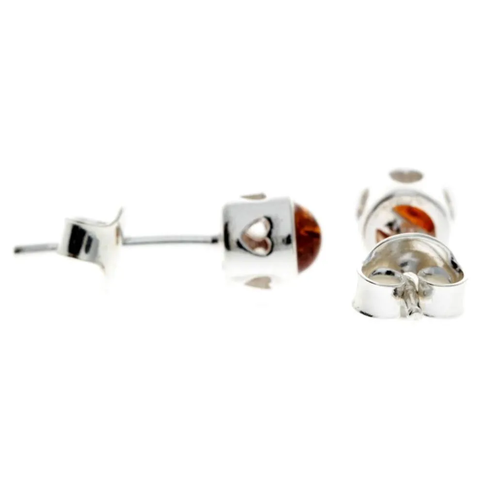 925 Sterling Silver & Baltic Amber Modern Heart Studs Earrings - GL169