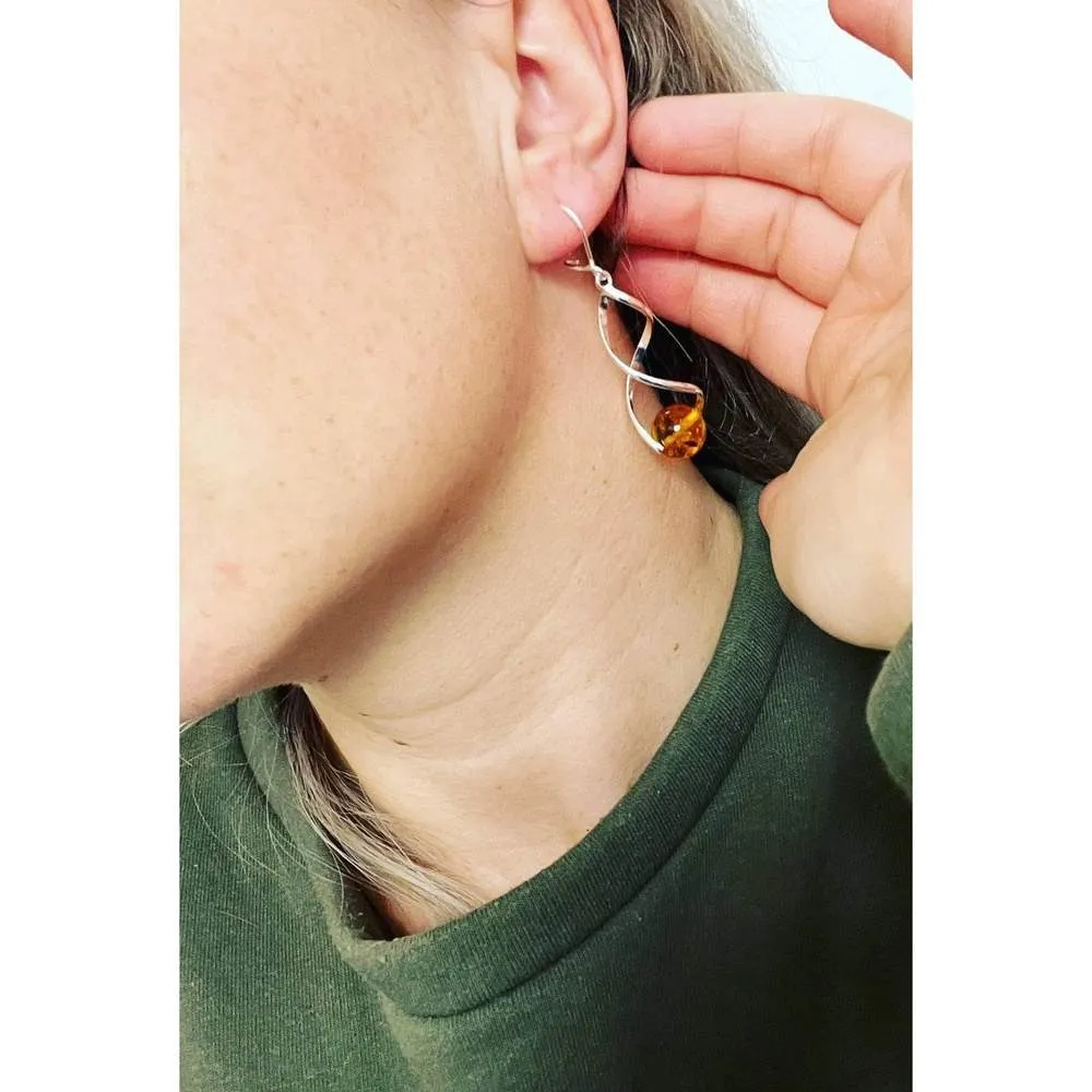 925 Sterling Silver & Genuine Baltic Amber Elegant Drop Dangling Earrings - TBE2