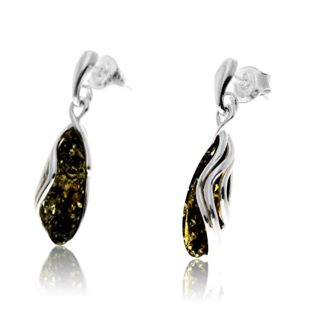 925 Sterling Silver & Genuine Baltic Amber Modern Studs Dangling Earrings - GL1020