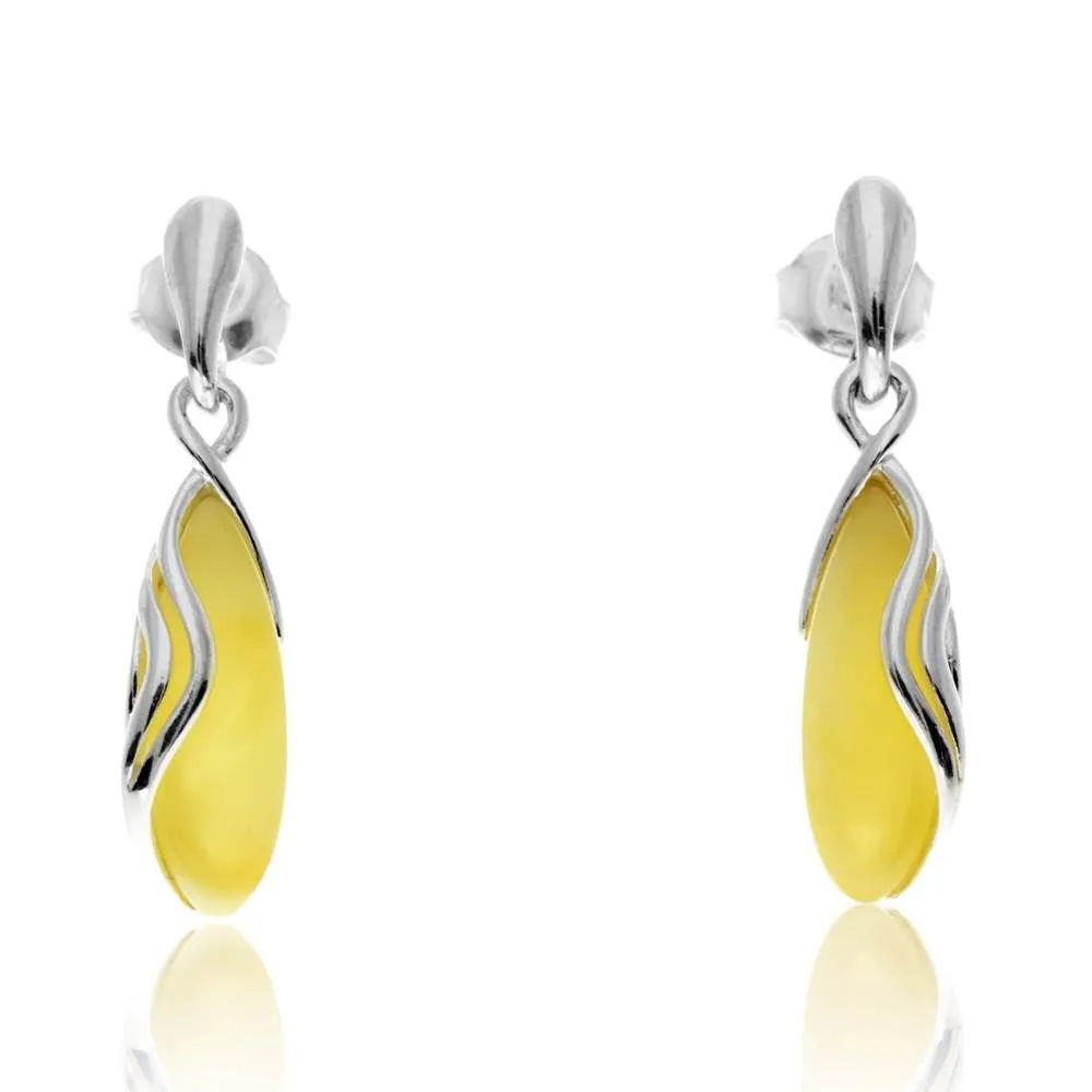 925 Sterling Silver & Genuine Baltic Amber Modern Studs Dangling Earrings - GL1020