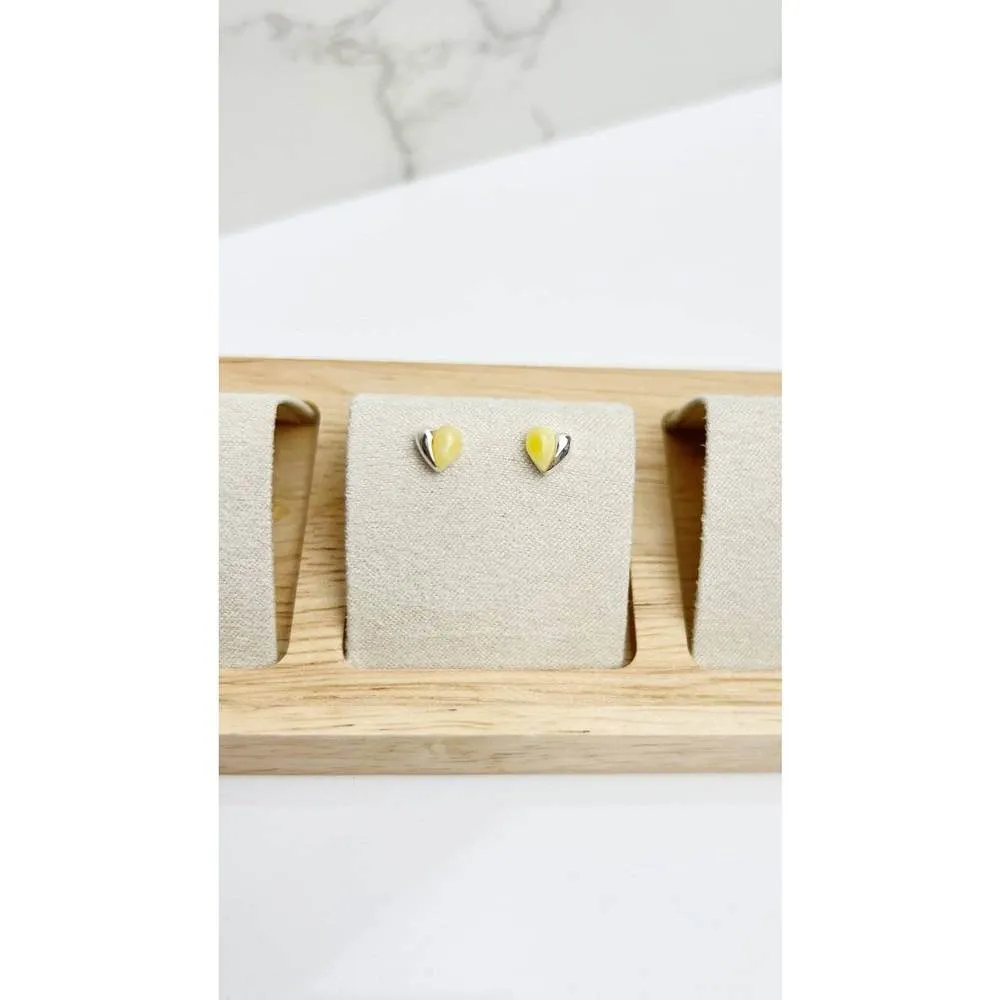 925 Sterling Silver & Genuine Baltic Amber Small Hearts Studs Earrings - GL011