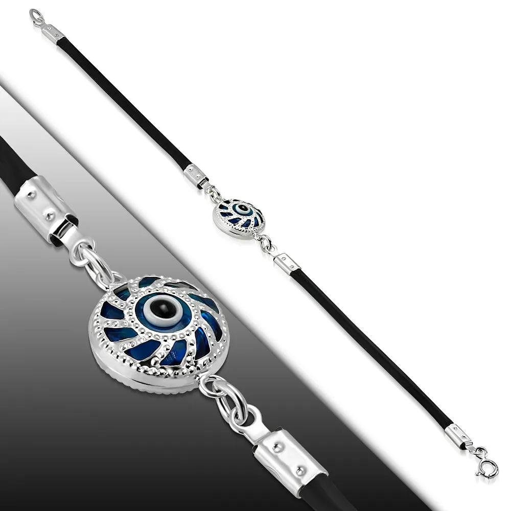 925 Sterling Silver Black Rubber Blue Glass Evil Eye Protection Bracelet