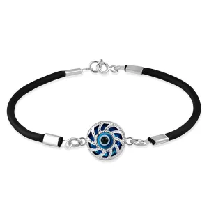 925 Sterling Silver Black Rubber Blue Glass Evil Eye Protection Bracelet