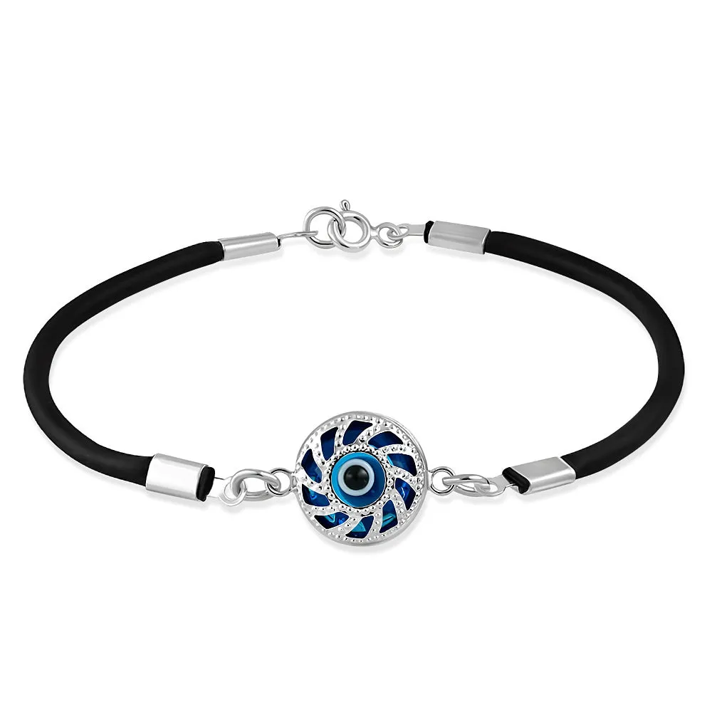 925 Sterling Silver Black Rubber Blue Glass Evil Eye Protection Bracelet