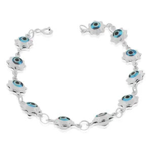 925 Sterling Silver Womens Girls Blue Evil Eye Flower Protection Link Chain Bracelet