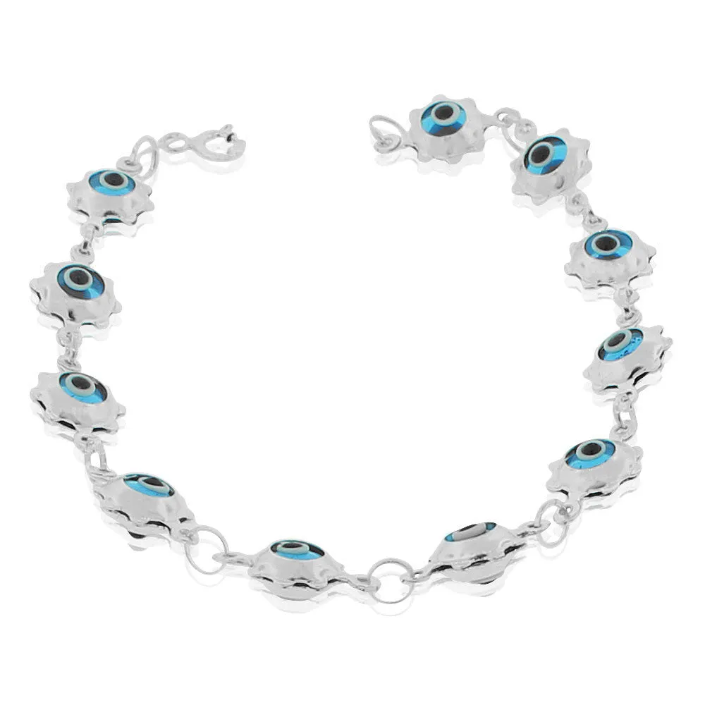 925 Sterling Silver Womens Girls Blue Evil Eye Flower Protection Link Chain Bracelet