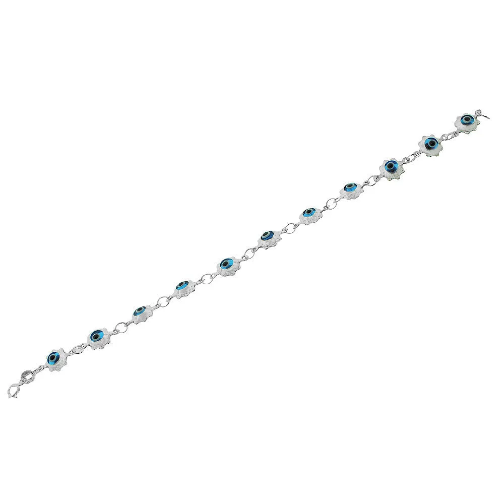 925 Sterling Silver Womens Girls Blue Evil Eye Flower Protection Link Chain Bracelet