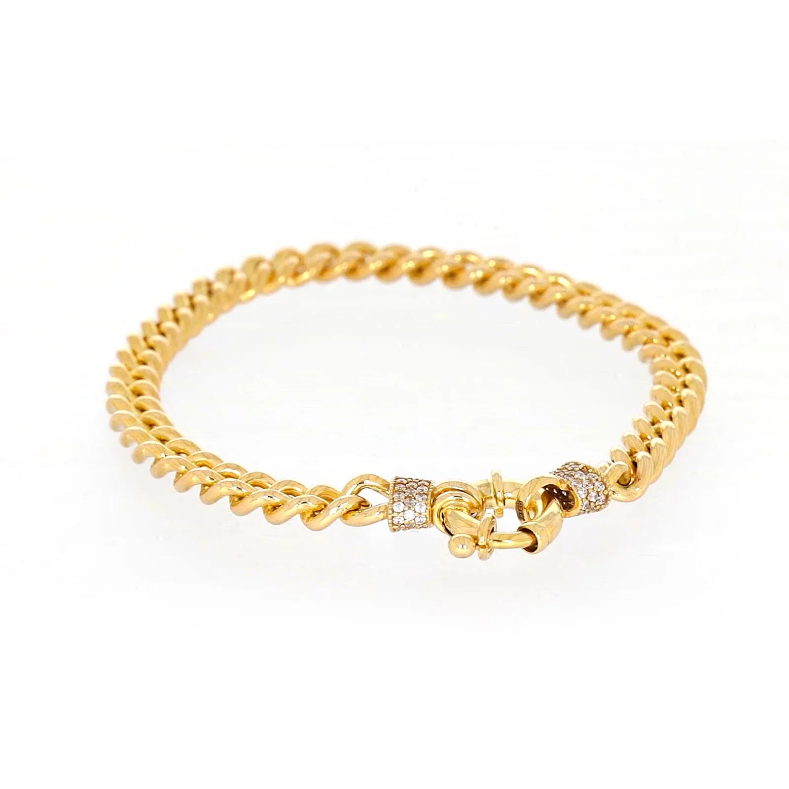 9ct Yellow Gold Silver Filled 19cm Curb Bracelet with Cubic Zirconia & Bolt Ring