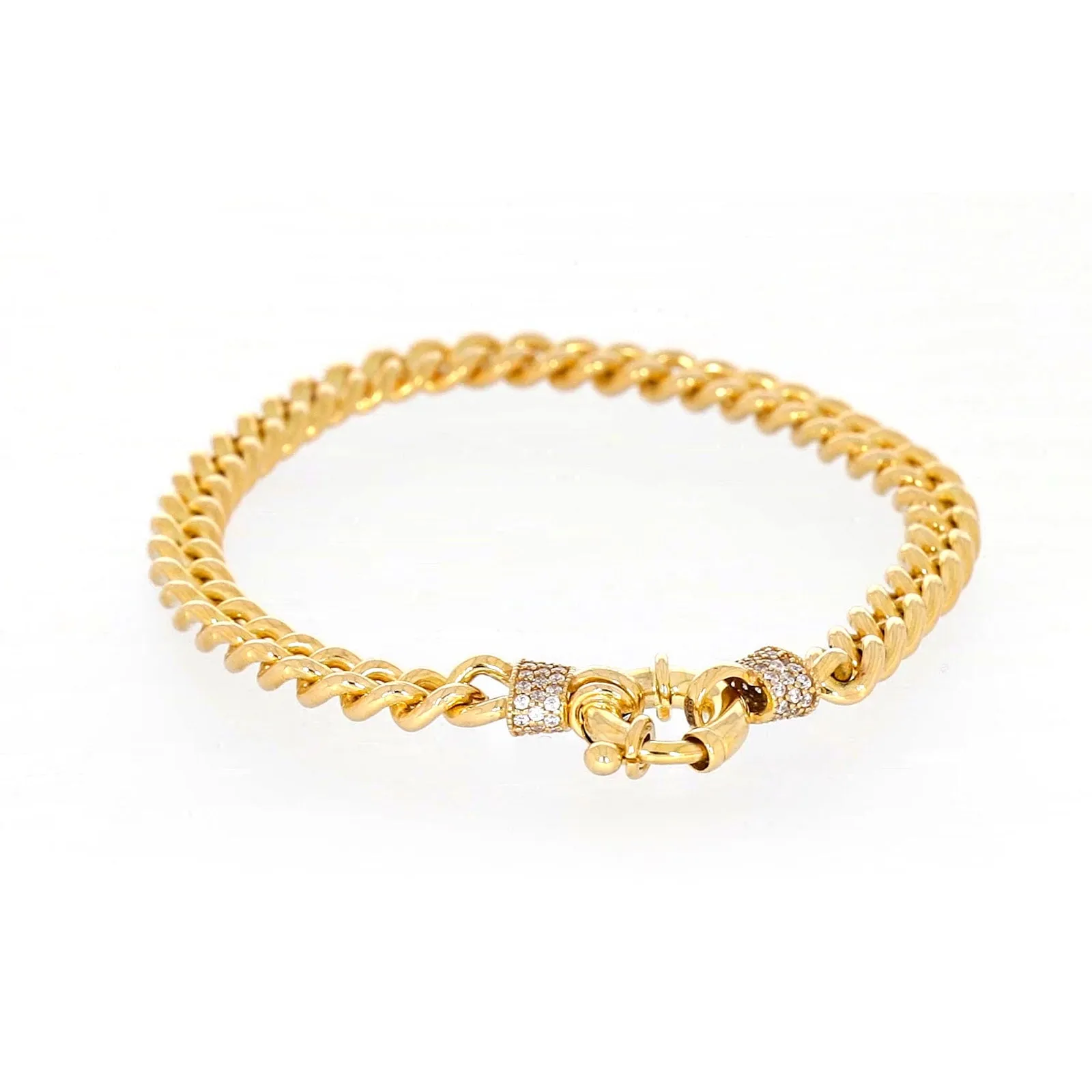 9ct Yellow Gold Silver Filled 19cm Curb Bracelet with Cubic Zirconia & Bolt Ring
