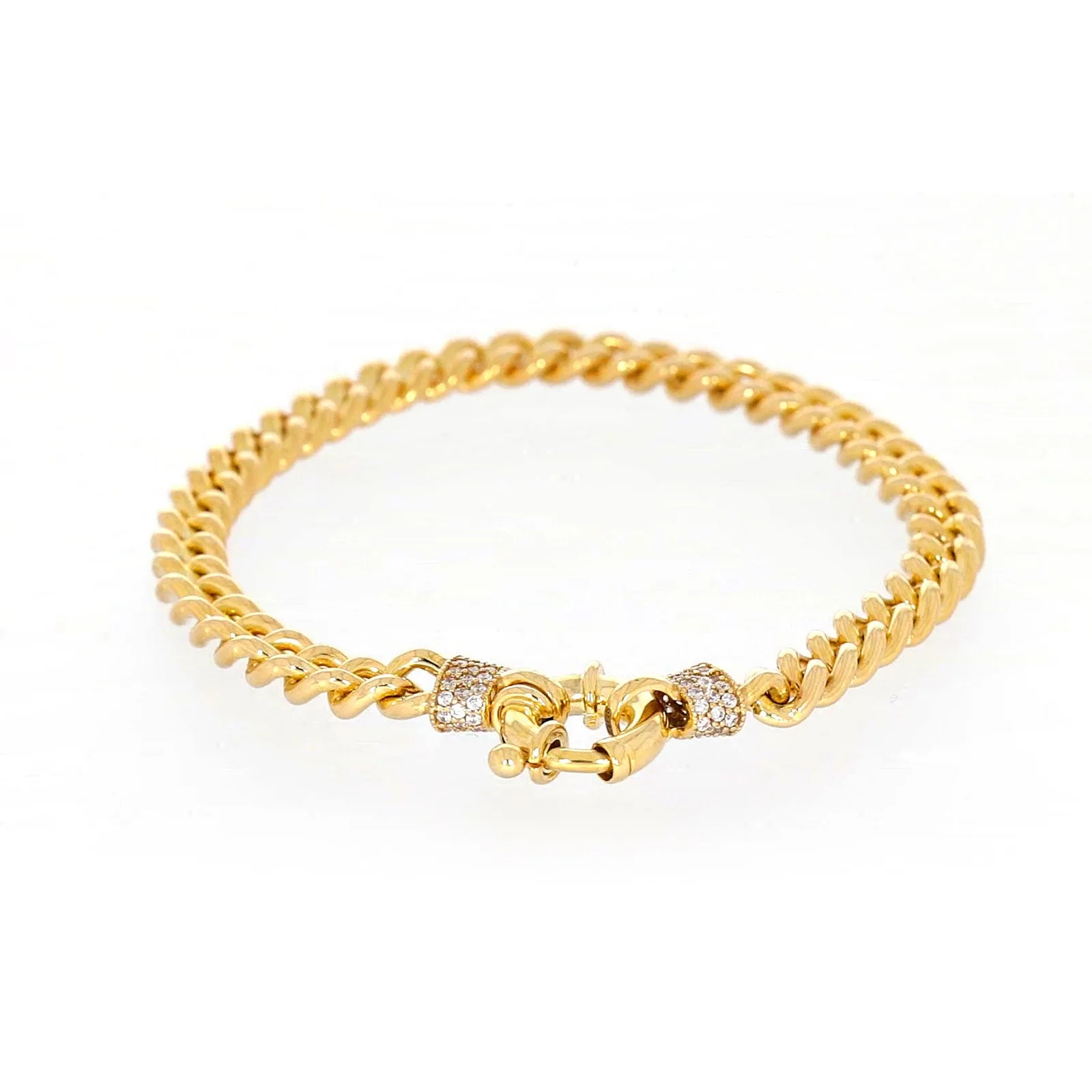 9ct Yellow Gold Silver Filled 19cm Curb Bracelet with Cubic Zirconia & Bolt Ring