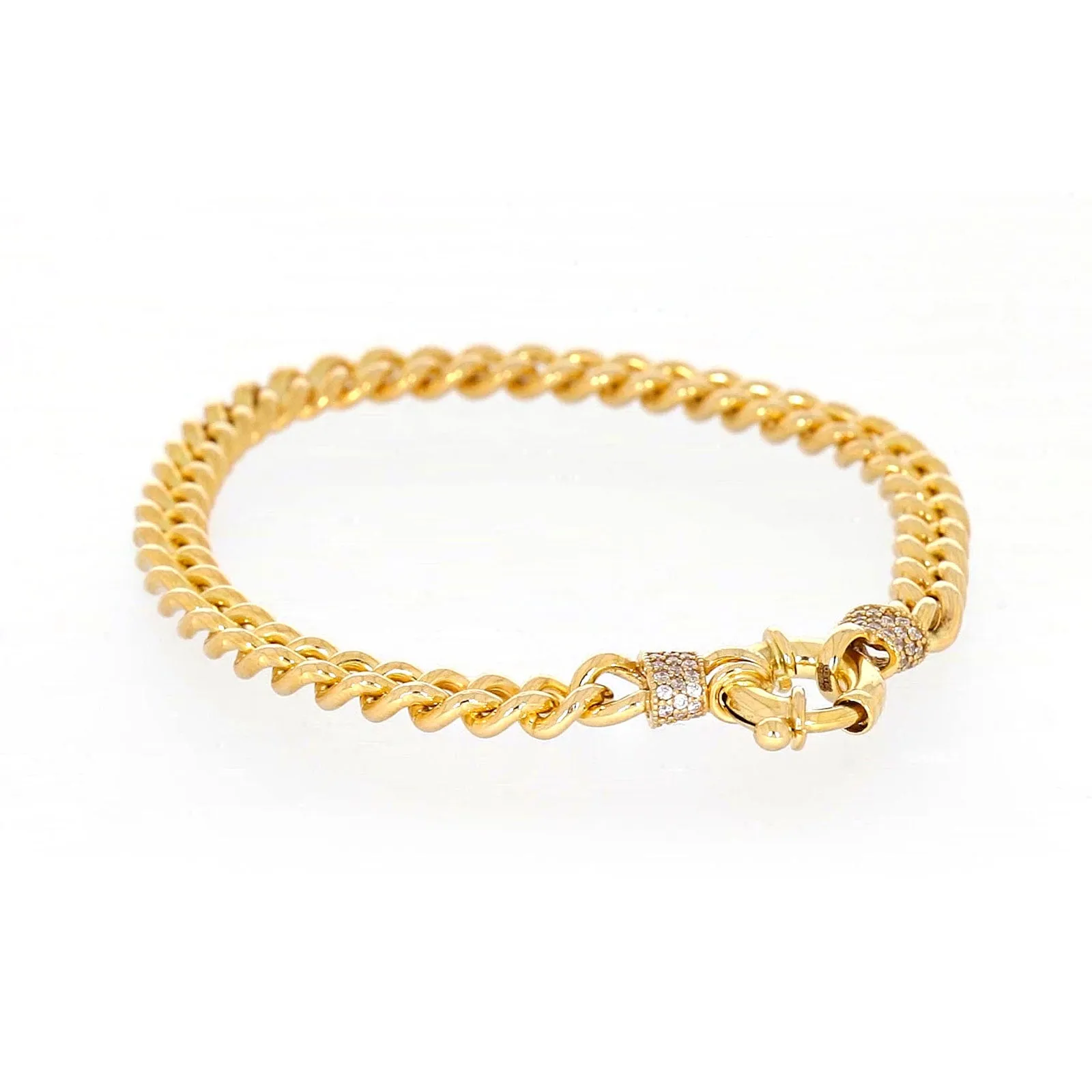 9ct Yellow Gold Silver Filled 19cm Curb Bracelet with Cubic Zirconia & Bolt Ring